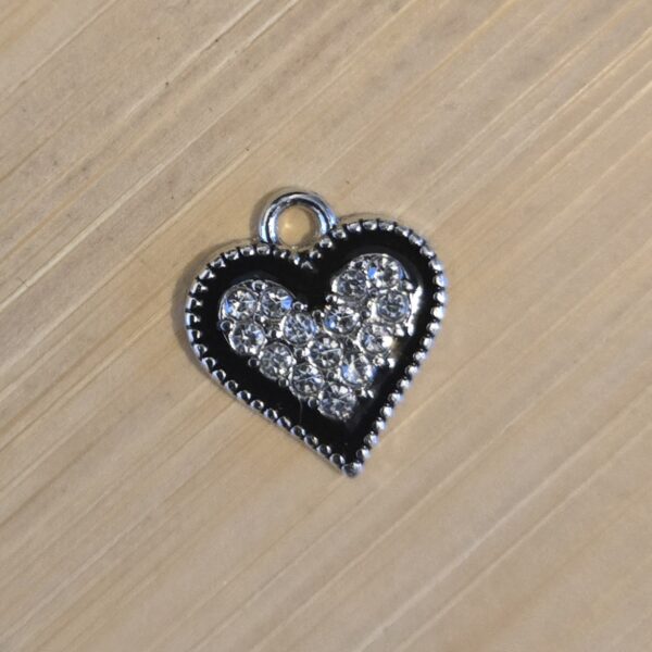 bedel zilver hart met emaille zwart met strass 10 mm x 12 mm