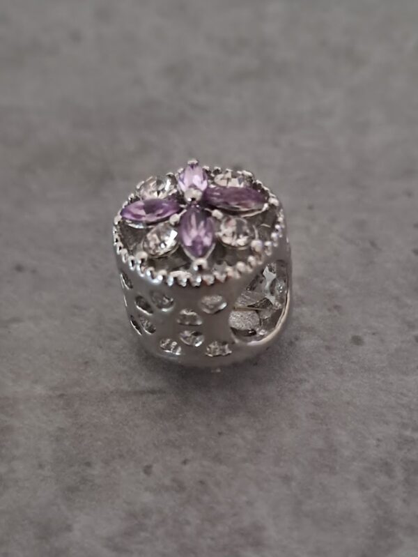 kraal zilver pandora style bloem paarse steentjes 11 mm