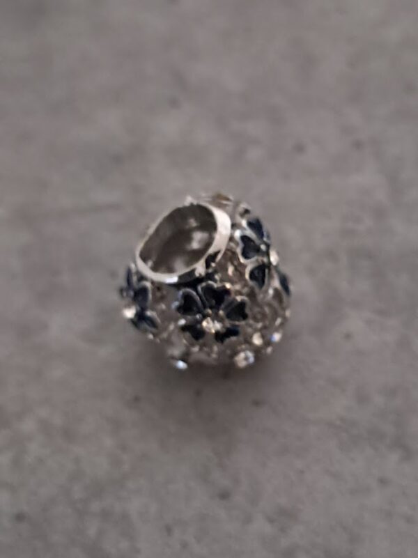 kraal zilver pandora style hart model met bloemen zwart/wit 10 mm x 10 mm