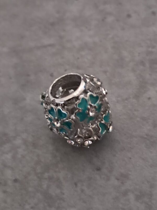 kraal zilver pandora style hart model met bloemen blauw/wit 10 mm x 10 mm
