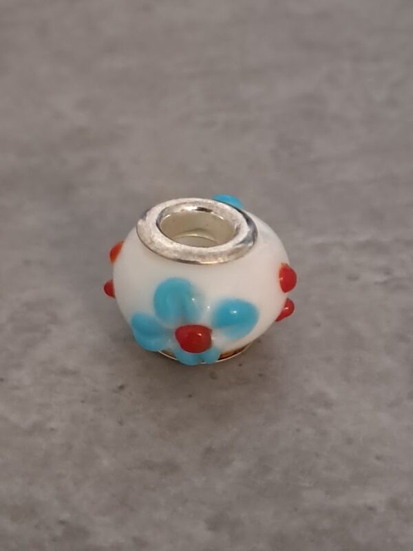kraal zilver pandora style glas bloem blauw/rood 15 mm x 10 mm