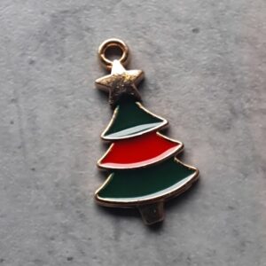 bedel goud kerstboom met emaille rood/groen 21 mm x 11 mm