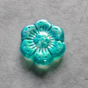 Czech glaskraal boho flower transparent turquoise green AB coating 14 mm